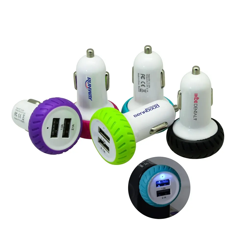 Six car chargers in different color with white background