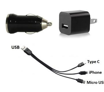 A car charger along with an adaptor and a wired USB