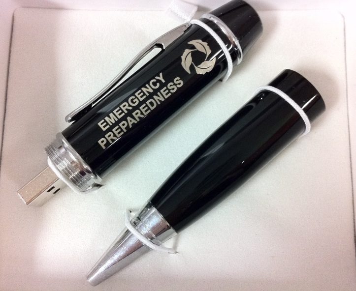 Black and silver emergency preparedness pen with USB drive