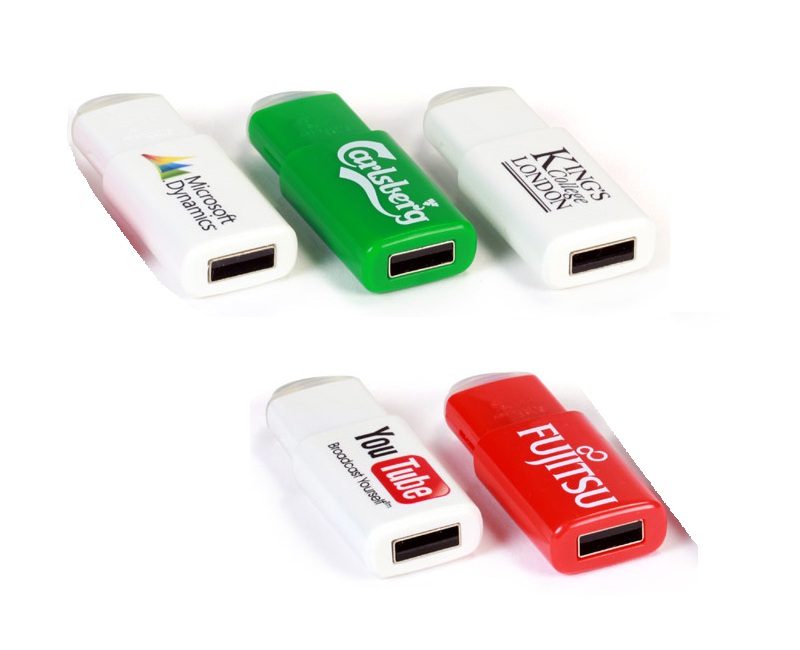 White, Red, and Green Plastic USB Drives