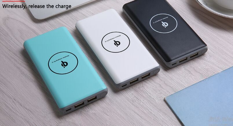 Wireless power banks in blue, white, and black