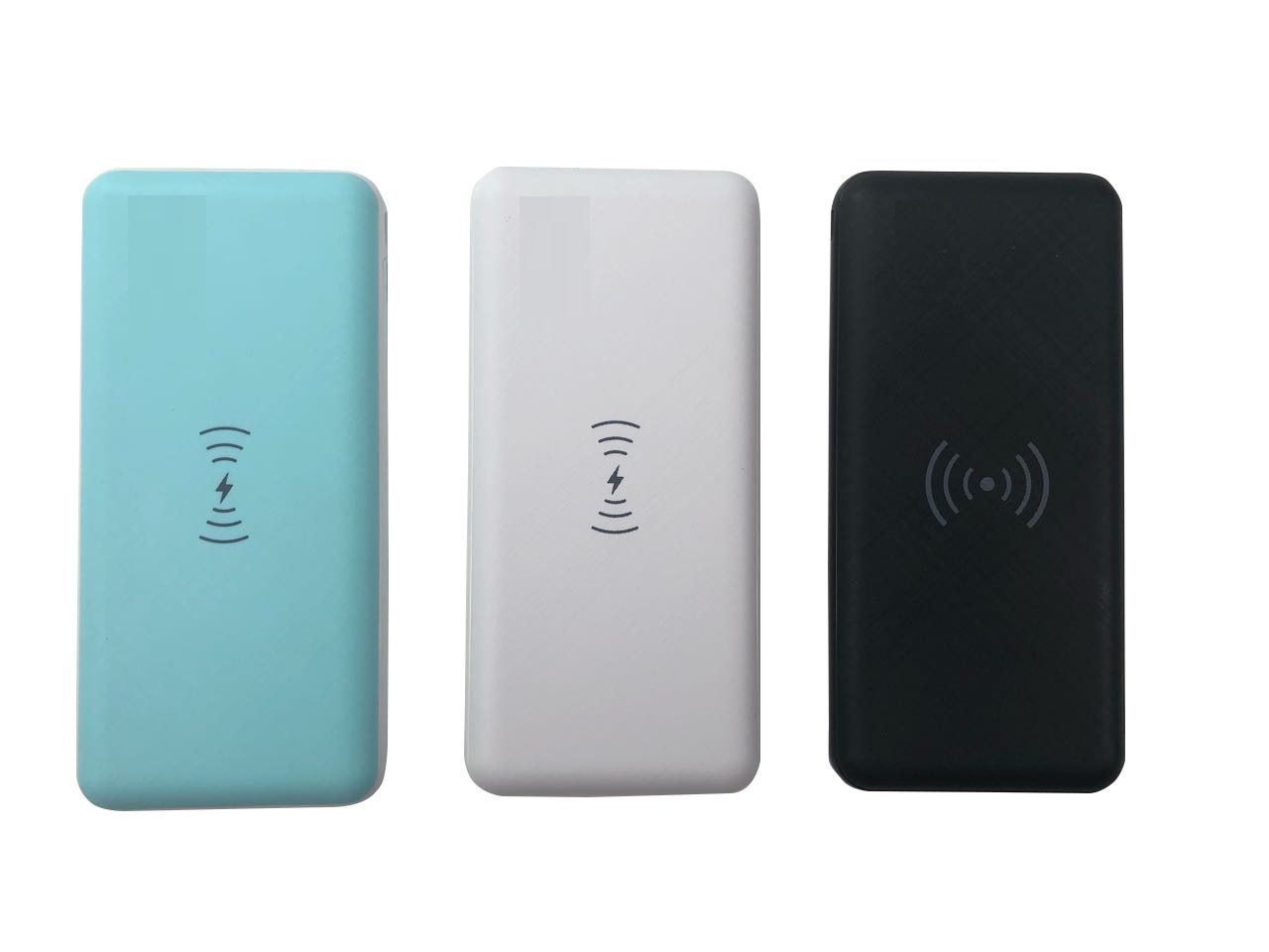 Wireless Battery Chargers in blue, white, and black