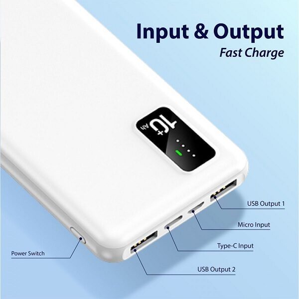 A white color power bank with digital meter