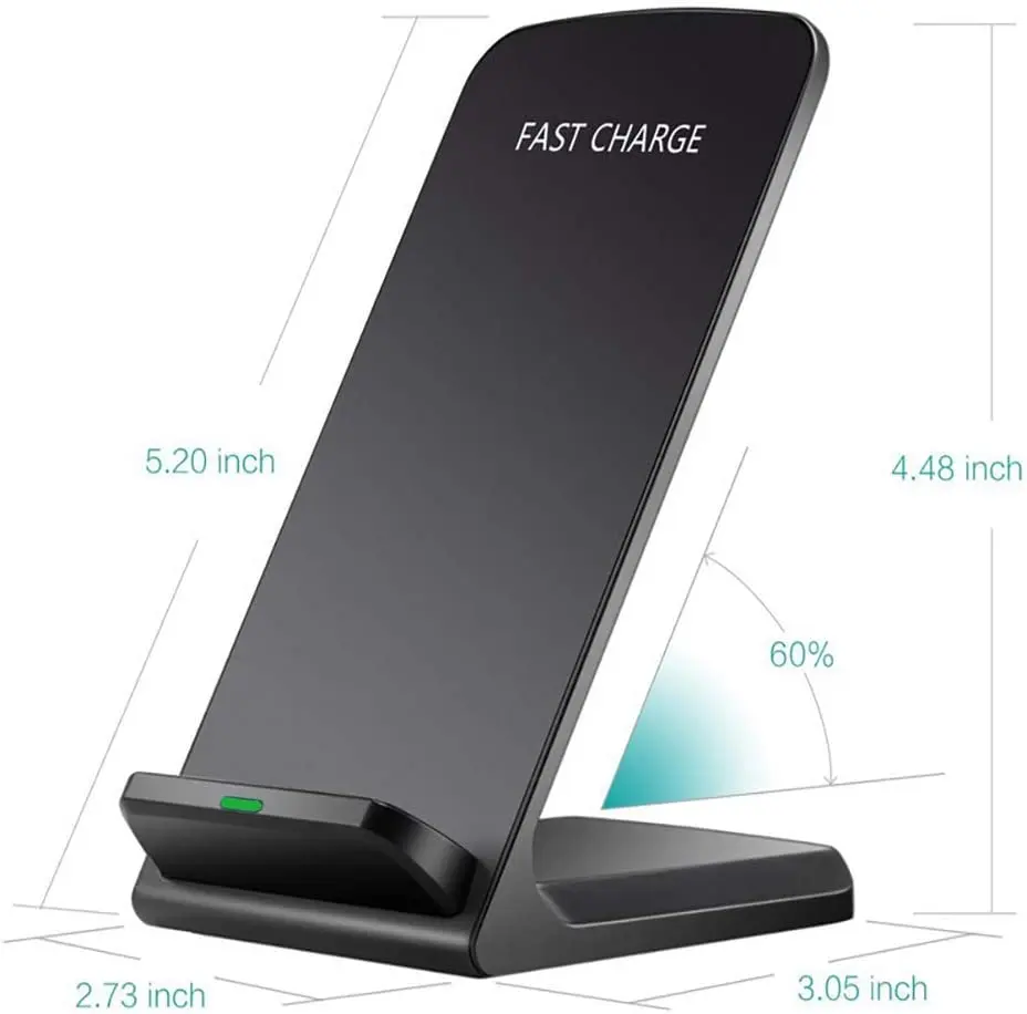 A mobile stand shaped wireless charger in black color