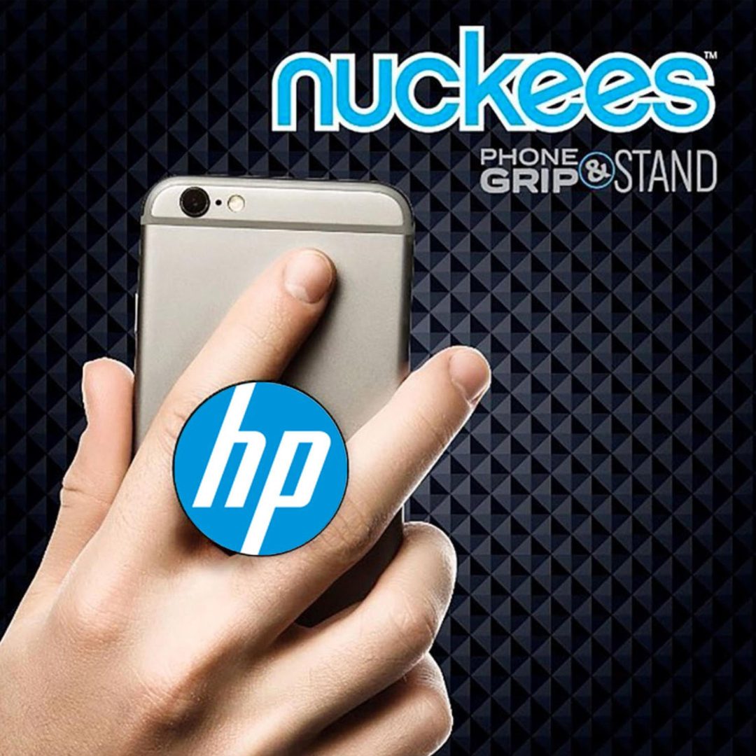 A man holding a phone with hp company phone grip