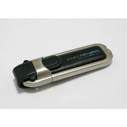 Black and silver leather USB drive