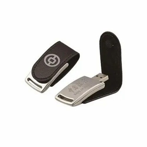 Black leather USB drive on plain white background