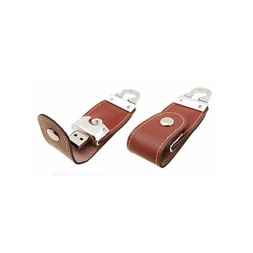 Brown leather USB drives on plain white background