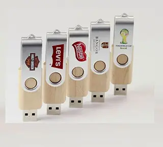 Five wooden USB Drives with different brand prints