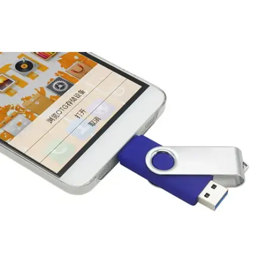 Blue and white color USB attached on a smartphone
