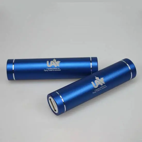 Two Blue Cylindrical Power Banks on white background