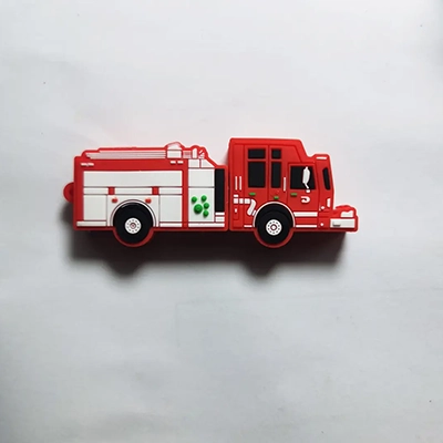 Red and white toy truck on white background